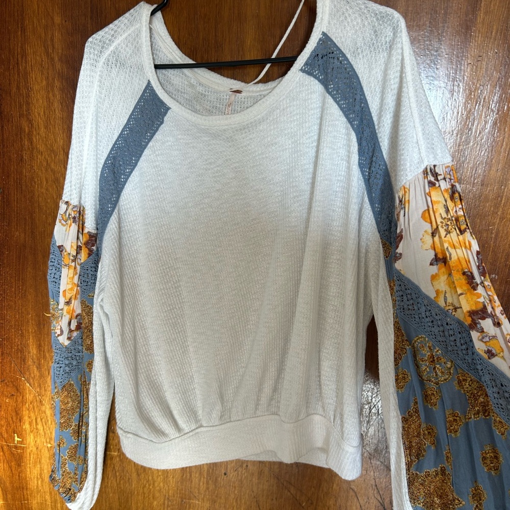Free People Boho Long Sleeve Top - White and Blue